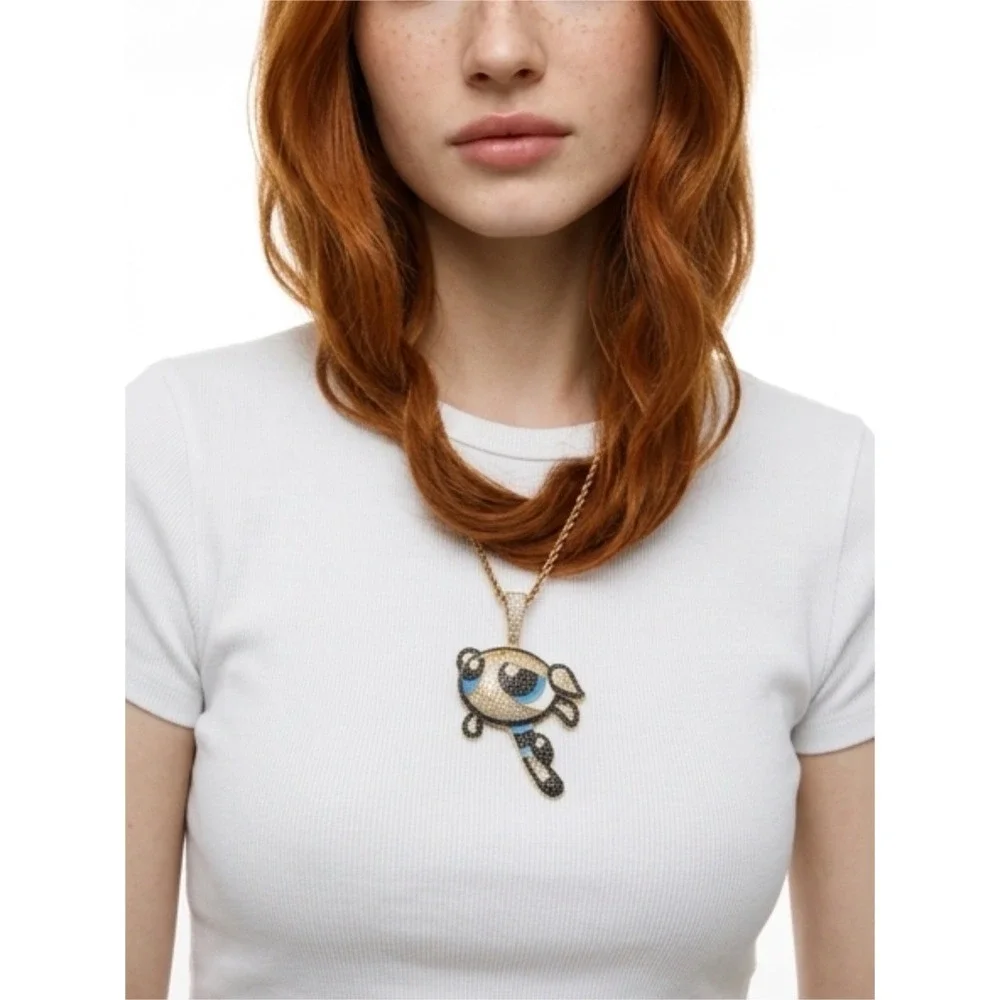 (12) 14K Gold Finish Powerpuf Girls Bubble Cartoon Hip Hop Pendant Charm Necklac